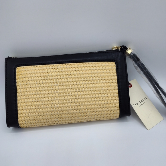 Ted Baker Raffia Wristlet Clutch NWT Black Trim Woven Logo Bag Summer Travel - Picture 3 of 6